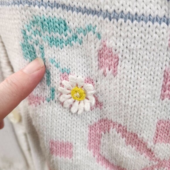 Vintage 1980's White Cotton Cardigan with Crochet Flowers, Quilt Bonnet Cottage - Picture 9 of 15